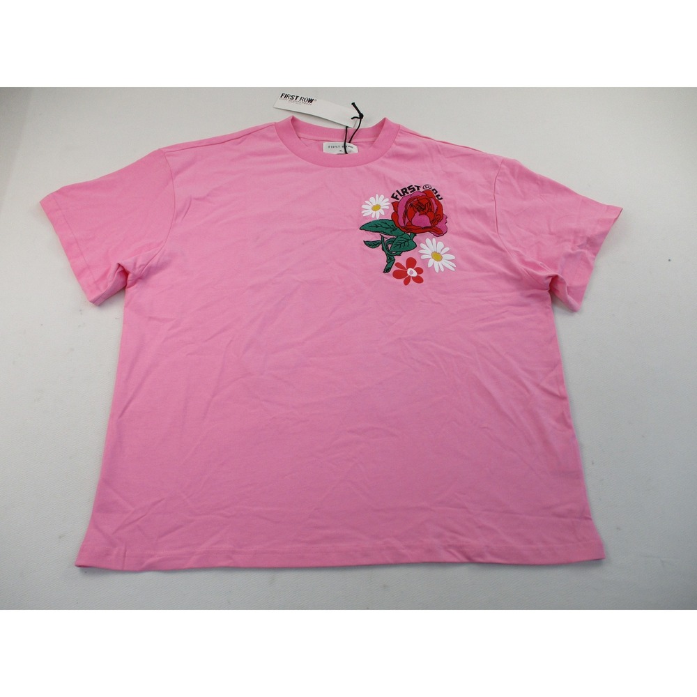 First Row T-Shirt Mens XL Pink Embroidered Rose Floral Graphic Cotton Tee